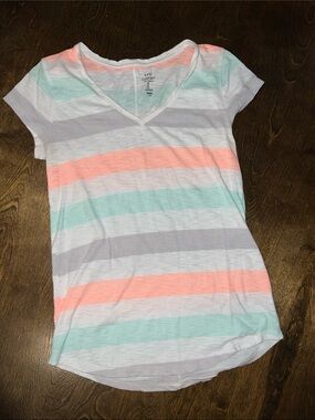 GAP Striped V-Neck Short Sleeve Tee in Coral, Mint & Gray